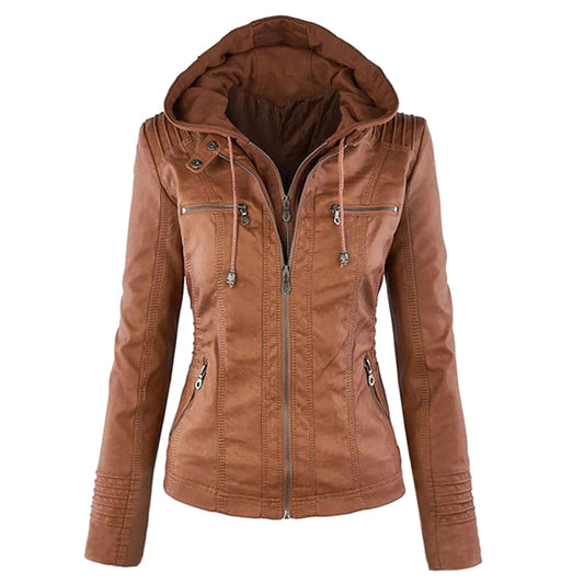 Women's Leather Moto Jacket with Hood