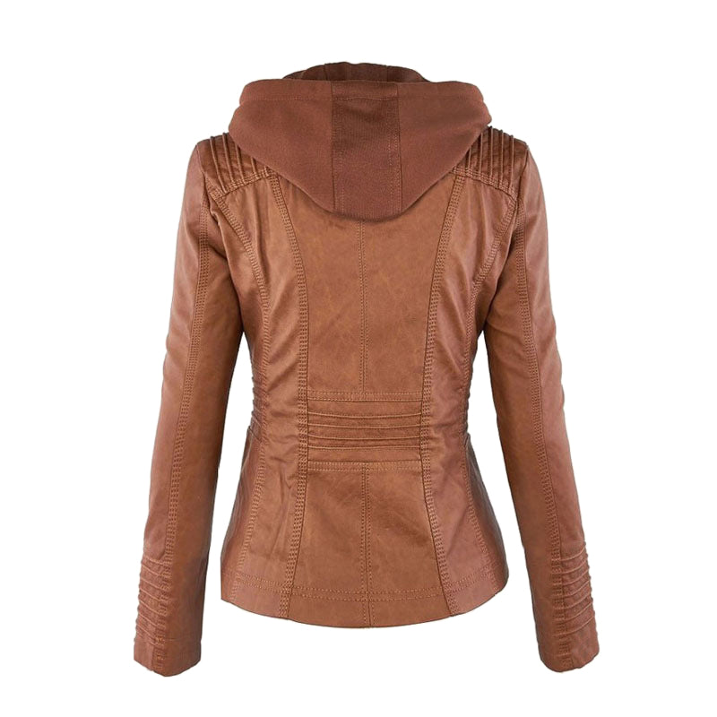 Women's Leather Moto Jacket with Hood