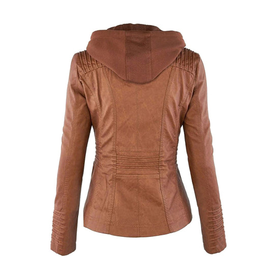 Women's Leather Moto Jacket with Hood