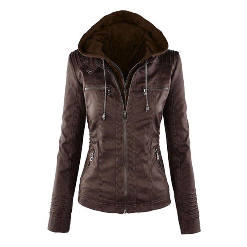 Women's Leather Moto Jacket with Hood