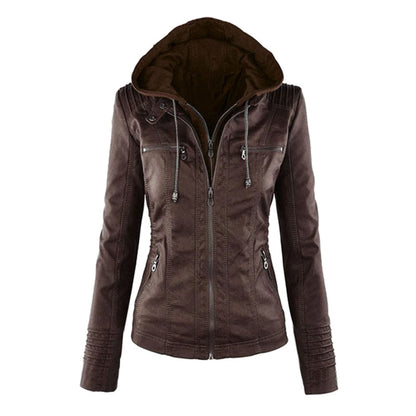 Women's Leather Moto Jacket with Hood