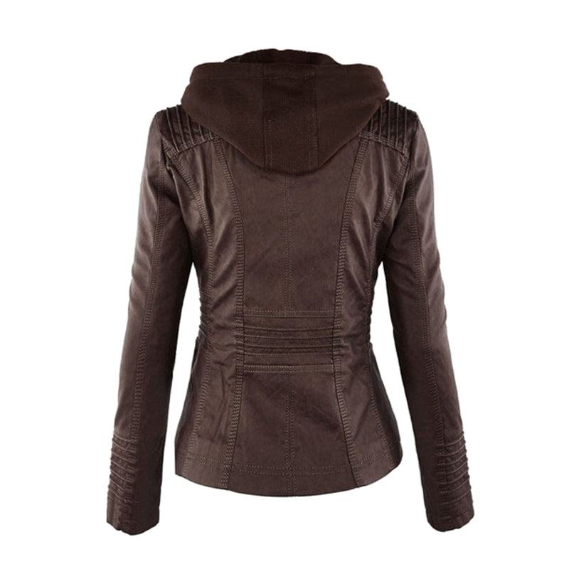 Women's Leather Moto Jacket with Hood