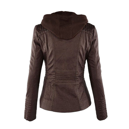 Women's Leather Moto Jacket with Hood