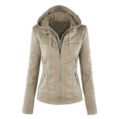 Women's Leather Moto Jacket with Hood