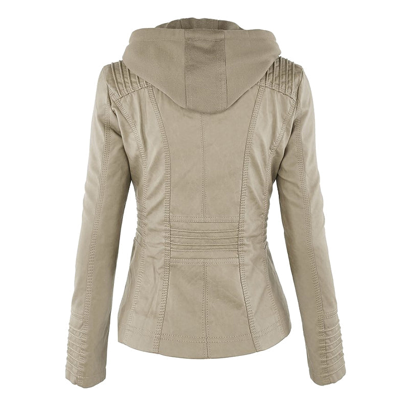 Women's Leather Moto Jacket with Hood