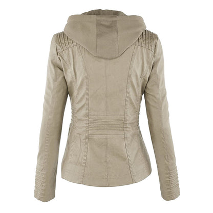 Women's Leather Moto Jacket with Hood