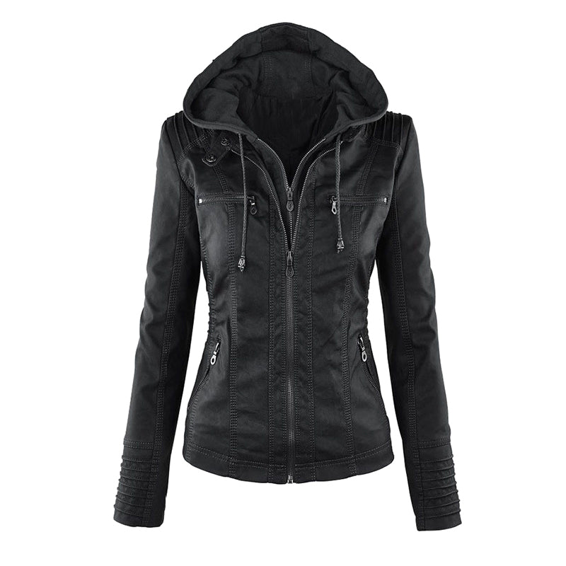 Women's Leather Moto Jacket with Hood