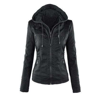Women's Leather Moto Jacket with Hood