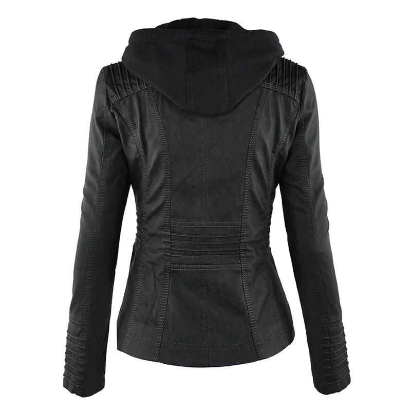 Women's Leather Moto Jacket with Hood