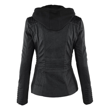 Women's Leather Moto Jacket with Hood