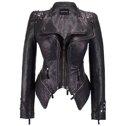 Women Slim Fit Rivet Leather Jacket