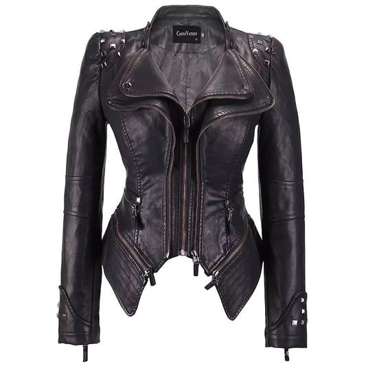 Women Slim Fit Rivet Leather Jacket