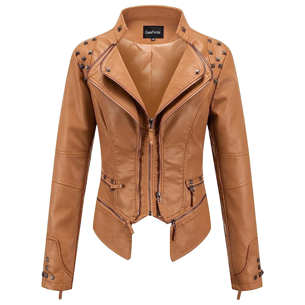 Women Slim Fit Rivet Leather Jacket