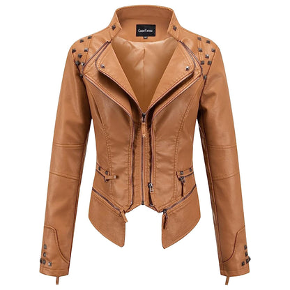 Women Slim Fit Rivet Leather Jacket