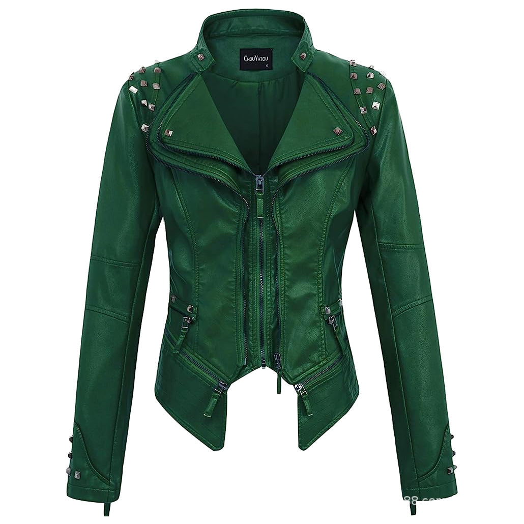 Women Slim Fit Rivet Leather Jacket