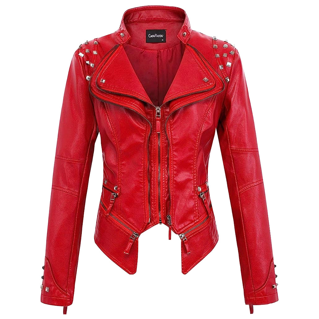 Women Slim Fit Rivet Leather Jacket