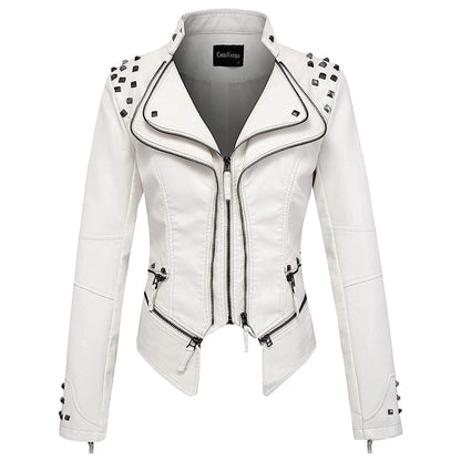 Women Slim Fit Rivet Leather Jacket