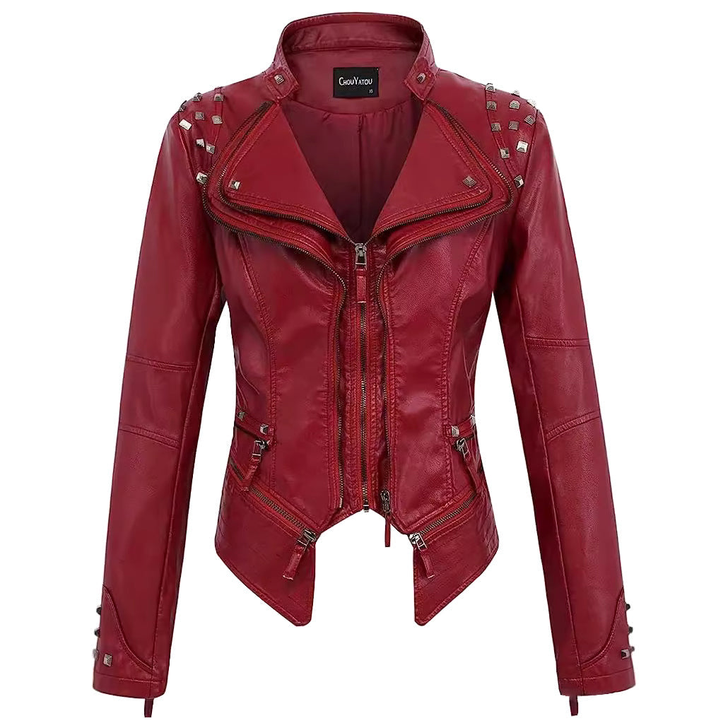 Women Slim Fit Rivet Leather Jacket