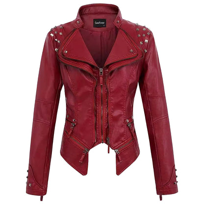 Women Slim Fit Rivet Leather Jacket