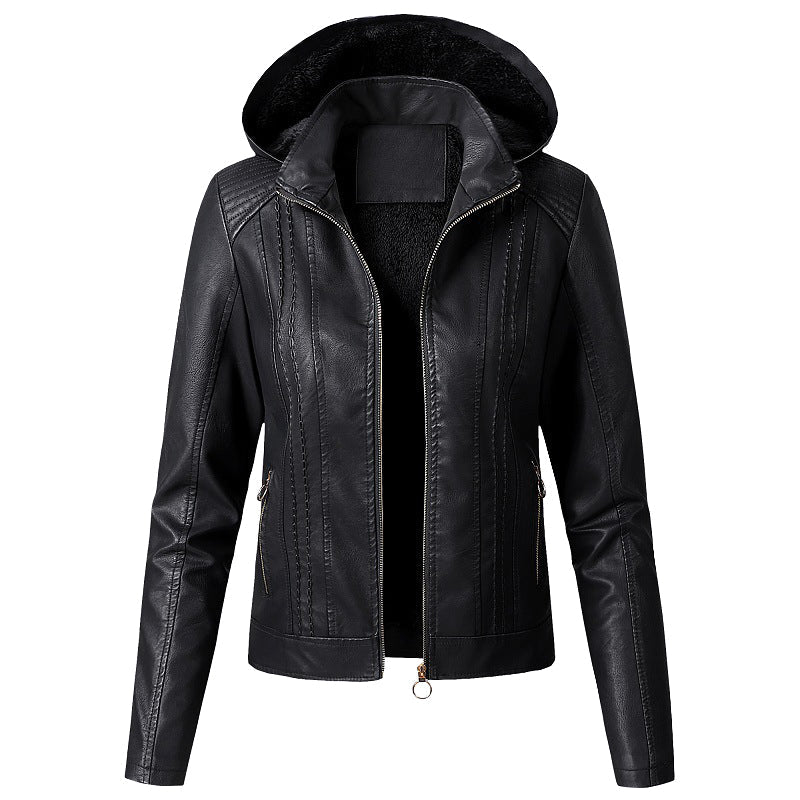 Women Faux Leather Jacket with Hood