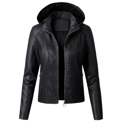 Women Faux Leather Jacket with Hood