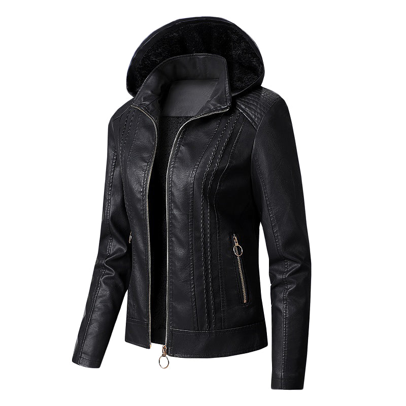 Women Faux Leather Jacket with Hood