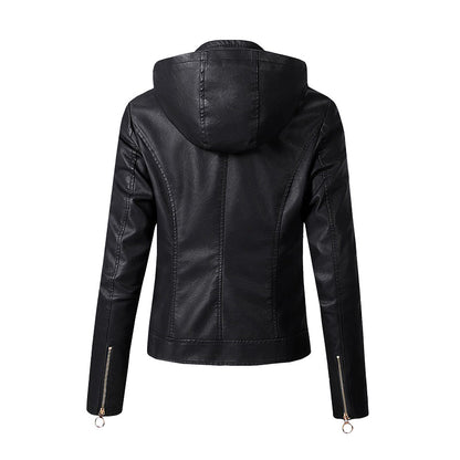 Women Faux Leather Jacket with Hood