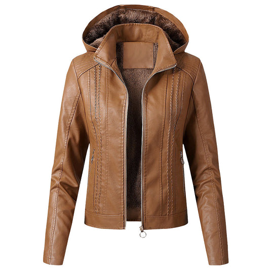 Women Faux Leather Jacket with Hood