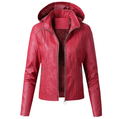 Women Faux Leather Jacket with Hood