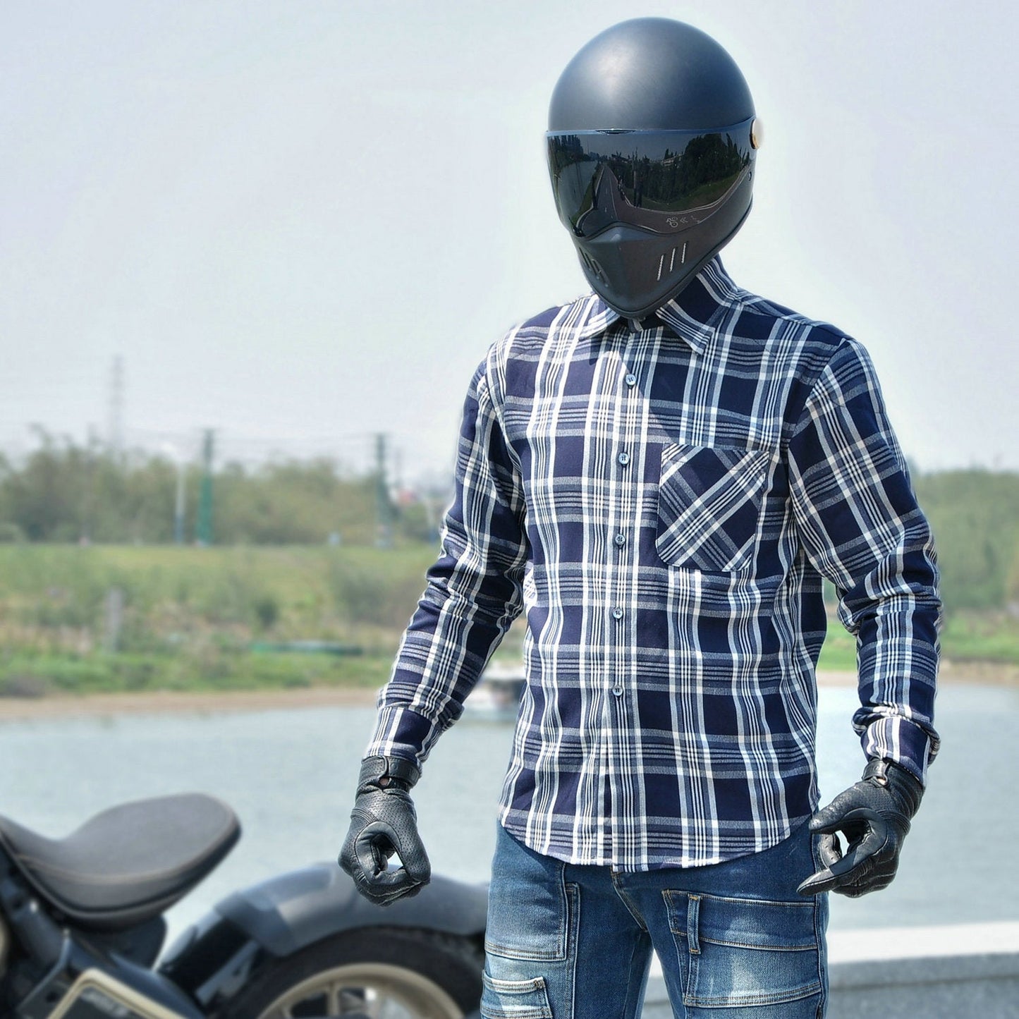 Men’s Plaid Motorcycle Riding Shirt with Armor