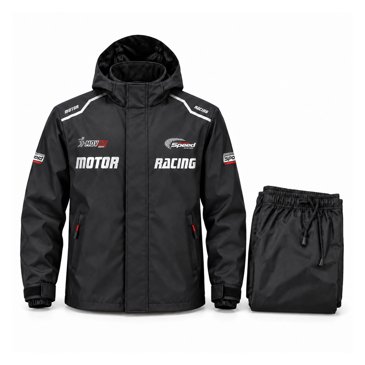 black rain jacket with matching folded black trousers on a white background