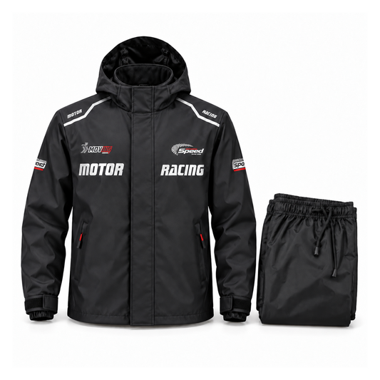 black rain jacket with matching folded black trousers on a white background