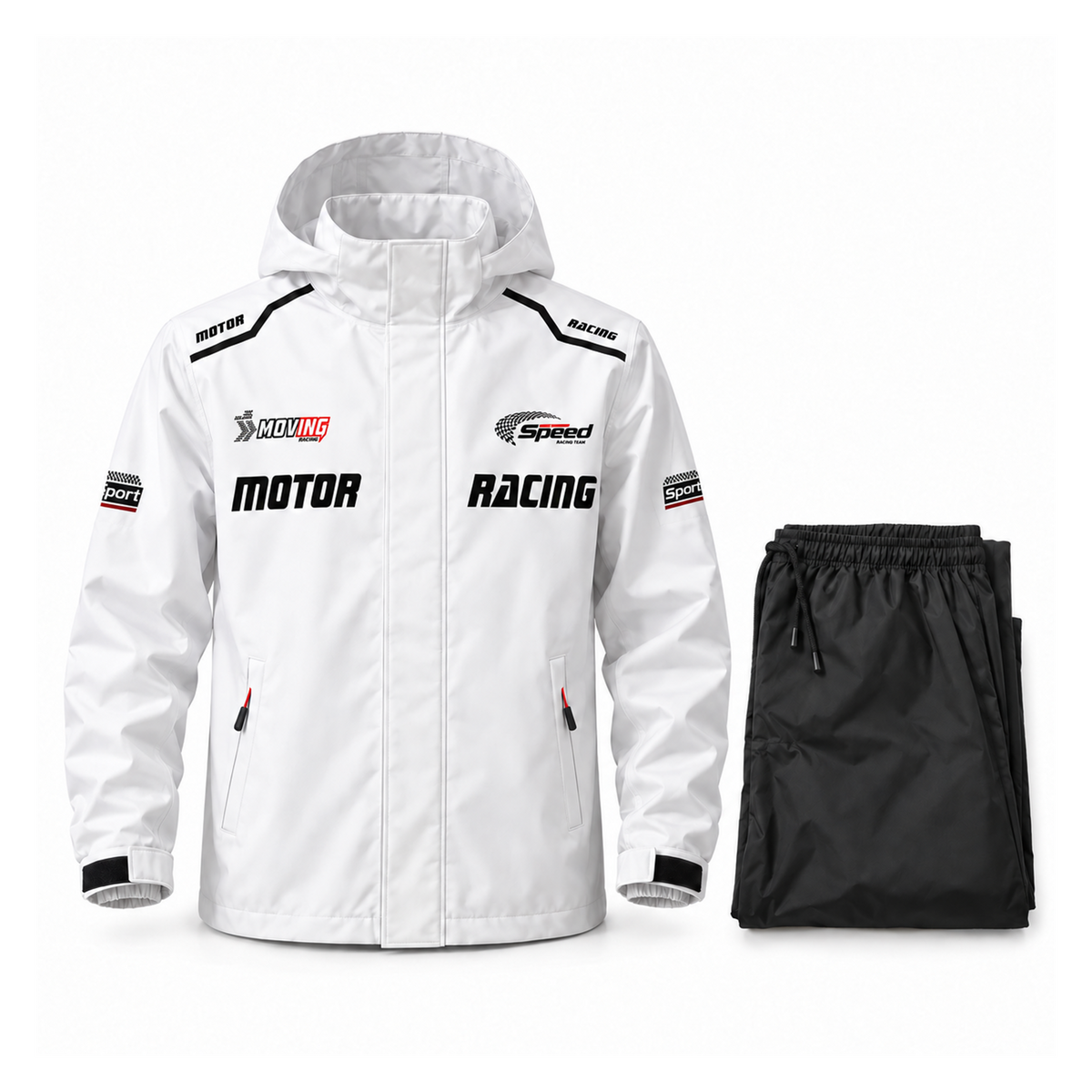 white rain jacket with matching folded black trousers on a white background