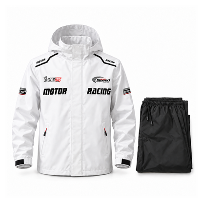 white rain jacket with matching folded black trousers on a white background
