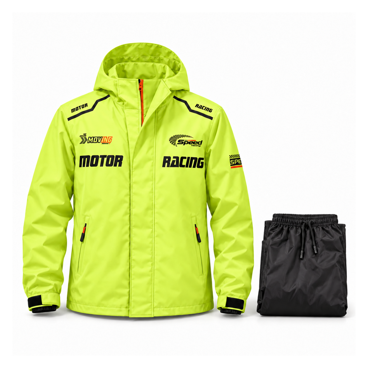 Fluorescent green rain jacket with matching folded black trousers on a white background