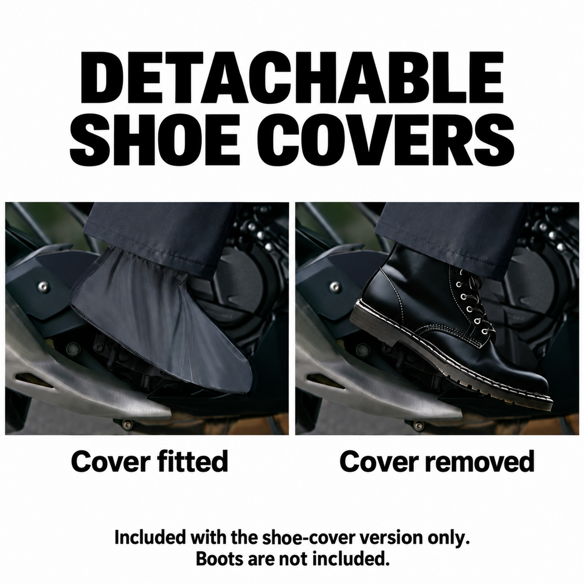 Optional detachable shoe covers fitted and removed; shoe-cover version only, boots not included