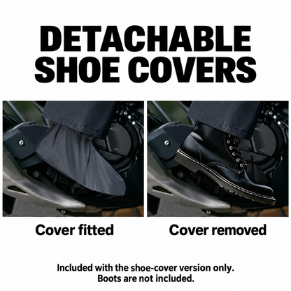 Optional detachable shoe covers fitted and removed; shoe-cover version only, boots not included