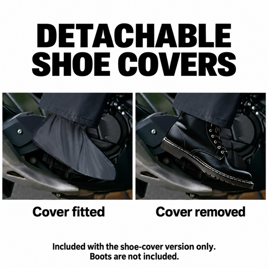 Optional detachable shoe covers fitted and removed; shoe-cover version only, boots not included