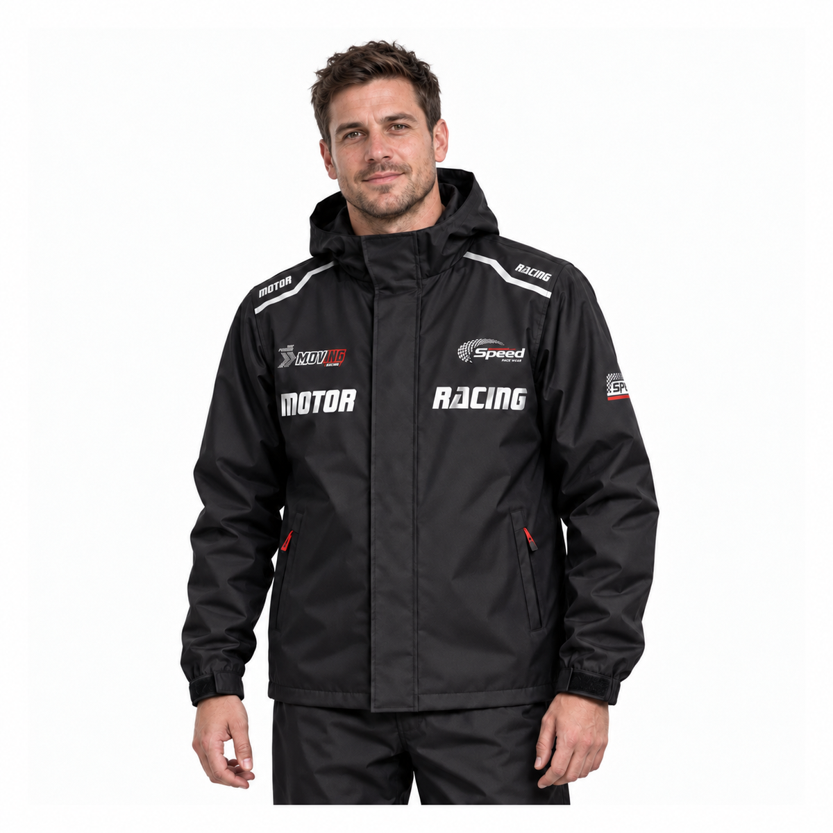 Younger adult rider wearing the black two-piece rain suit on a white background