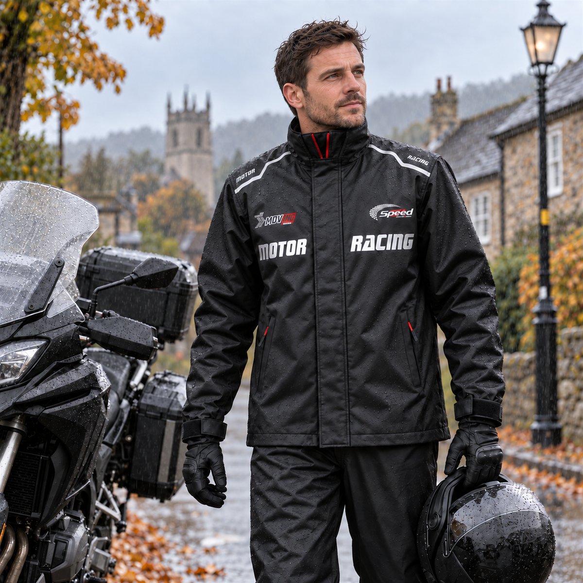 Younger adult rider in the black rain suit beside a parked motorcycle in British rain; hood detached and accessories not included