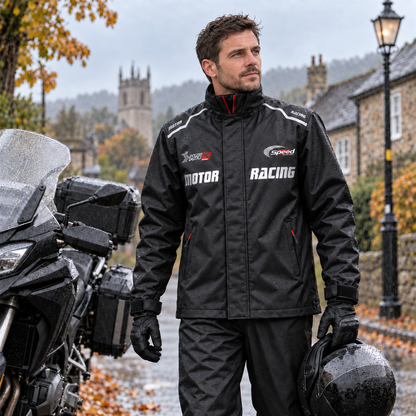 Younger adult rider in the black rain suit beside a parked motorcycle in British rain; hood detached and accessories not included