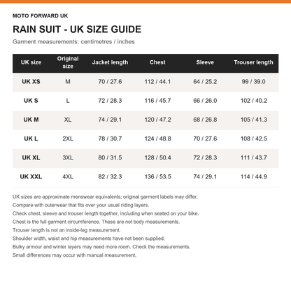 Approximate UK XS to XXL rain-suit size guide with original supplier M to 4XL sizes and garment measurements in centimetres and inches