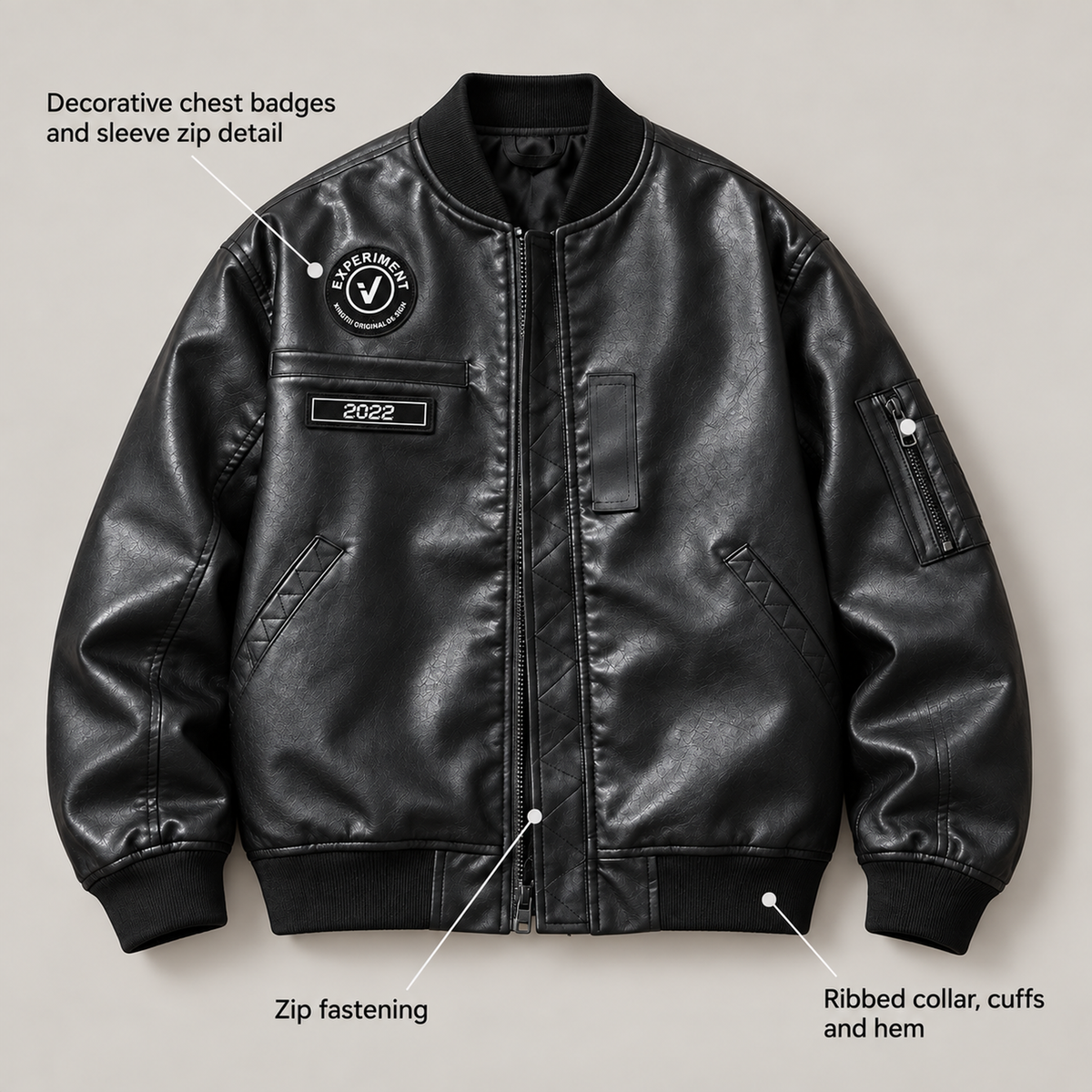 Men’s Ashford Faux Leather Bomber Jacket design details