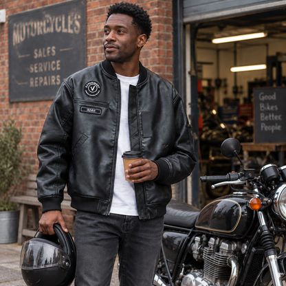 Men’s Ashford Faux Leather Bomber Jacket worn beside a parked motorcycle in Britain