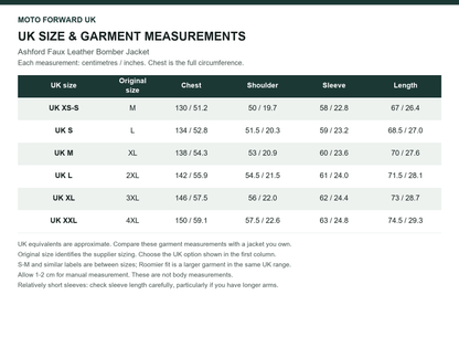 Men’s Ashford Faux Leather Bomber Jacket UK and original size comparison with garment measurements