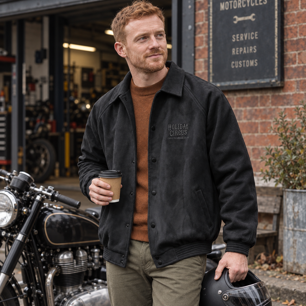 Men’s Camden Suede-Effect Collared Jacket worn beside a parked motorcycle in Britain