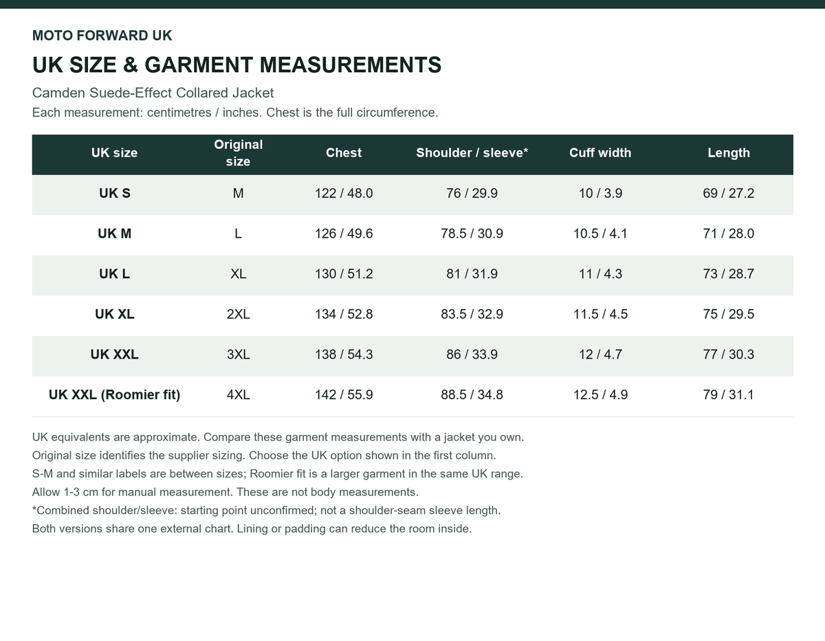 Men’s Camden Suede-Effect Collared Jacket UK and original size comparison with garment measurements in cm and inches