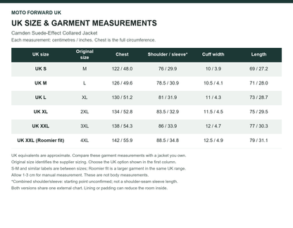 Men’s Camden Suede-Effect Collared Jacket UK and original size comparison with garment measurements in cm and inches