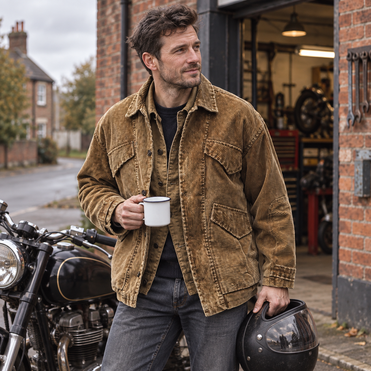 Men’s Hawthorn Corduroy Workwear Jacket worn beside a parked motorcycle in Britain