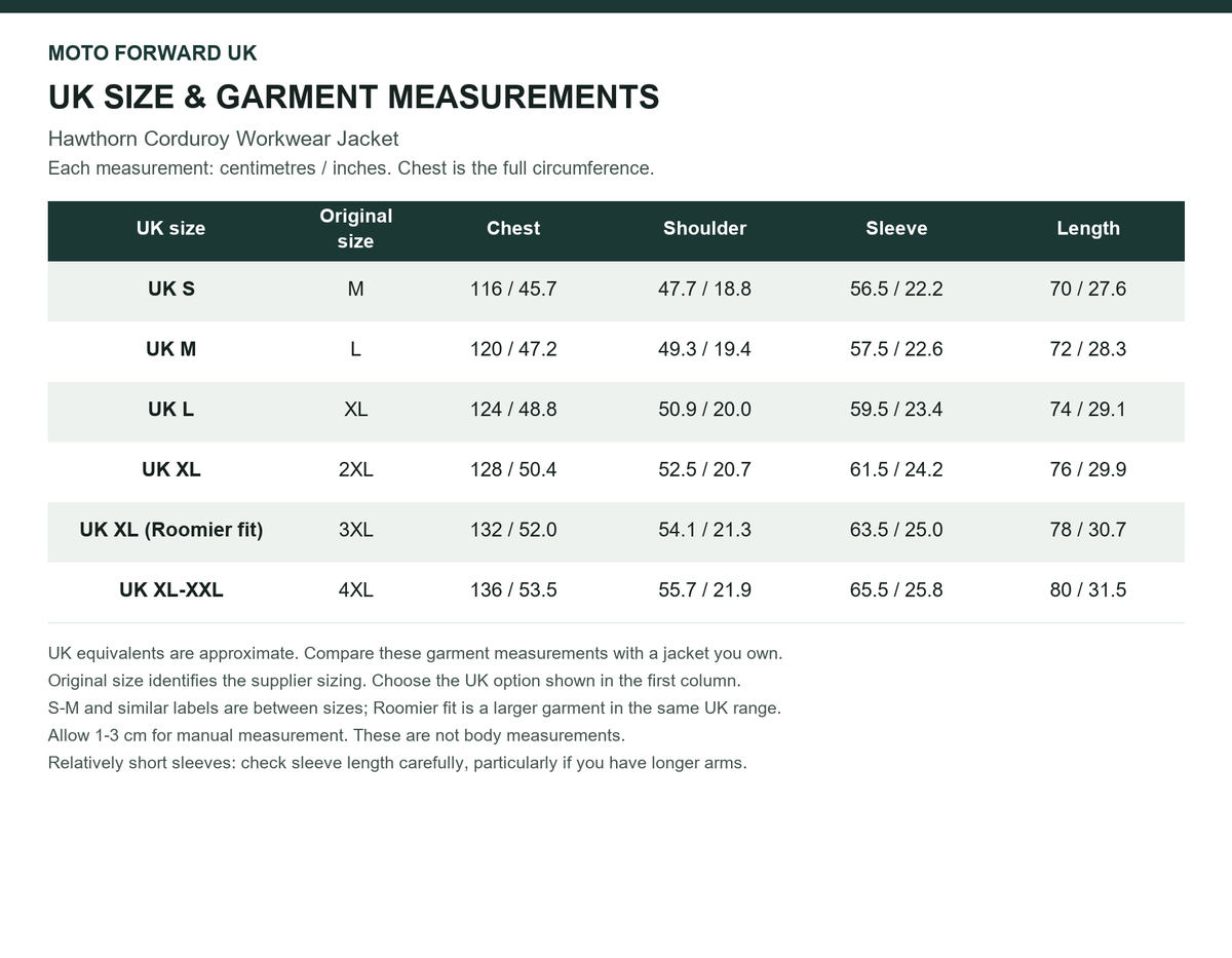 Men’s Hawthorn Corduroy Workwear Jacket UK and original size comparison with garment measurements in cm and inches